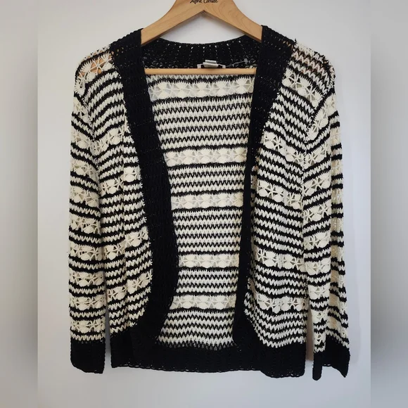 TALBOTS Women's XL Knit Crochet Cardigan Black White Boho Open Front Y2K Vibe - Picture 5 of 14